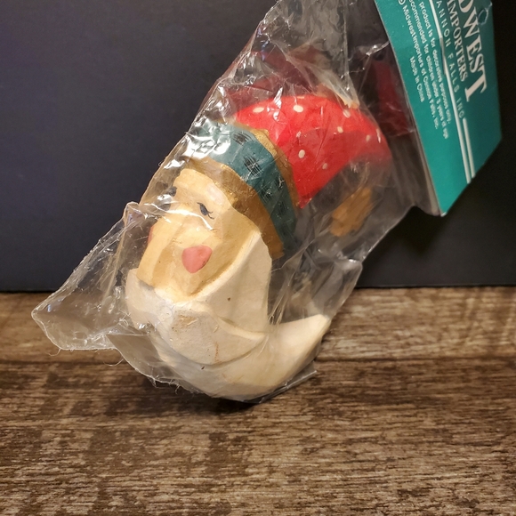 Vintage Wood Carved Ornament Moon With Holiday Hat. Christmas. - Picture 2 of 3